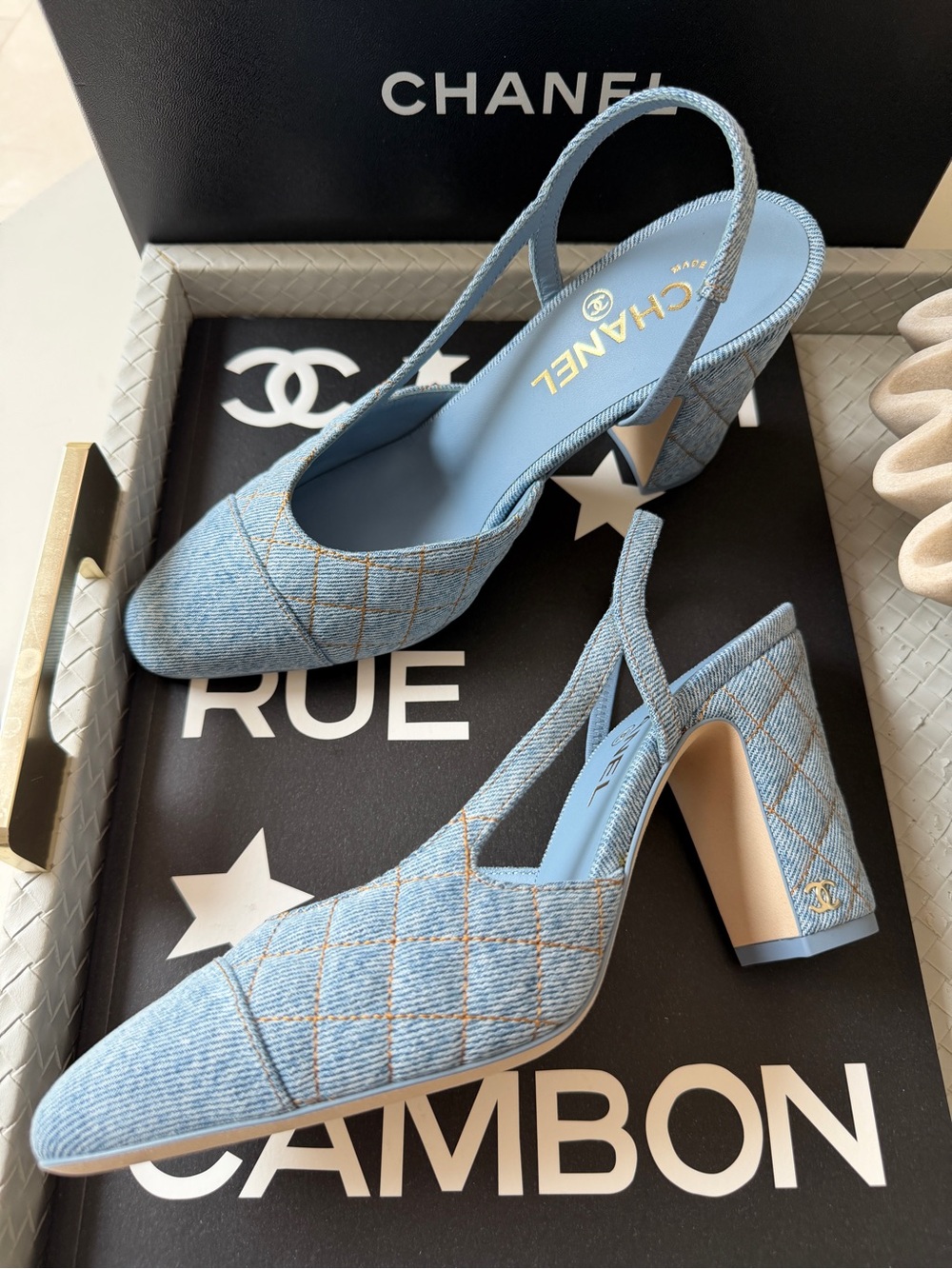Chanel 26B Logo Light Blue Quilted Denim Jean Slingback Pumps Chunky 90 Heel 38